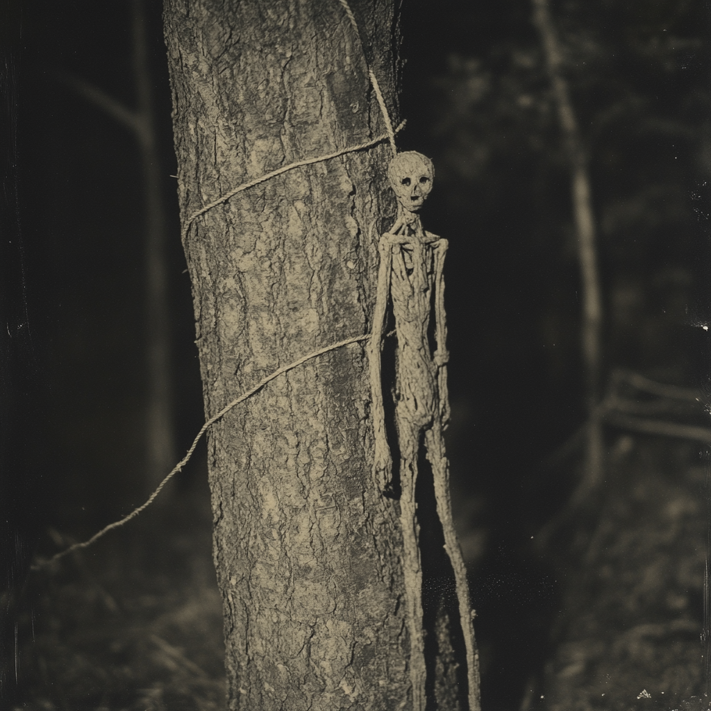 A spooky wooden figure hanging in forest at night