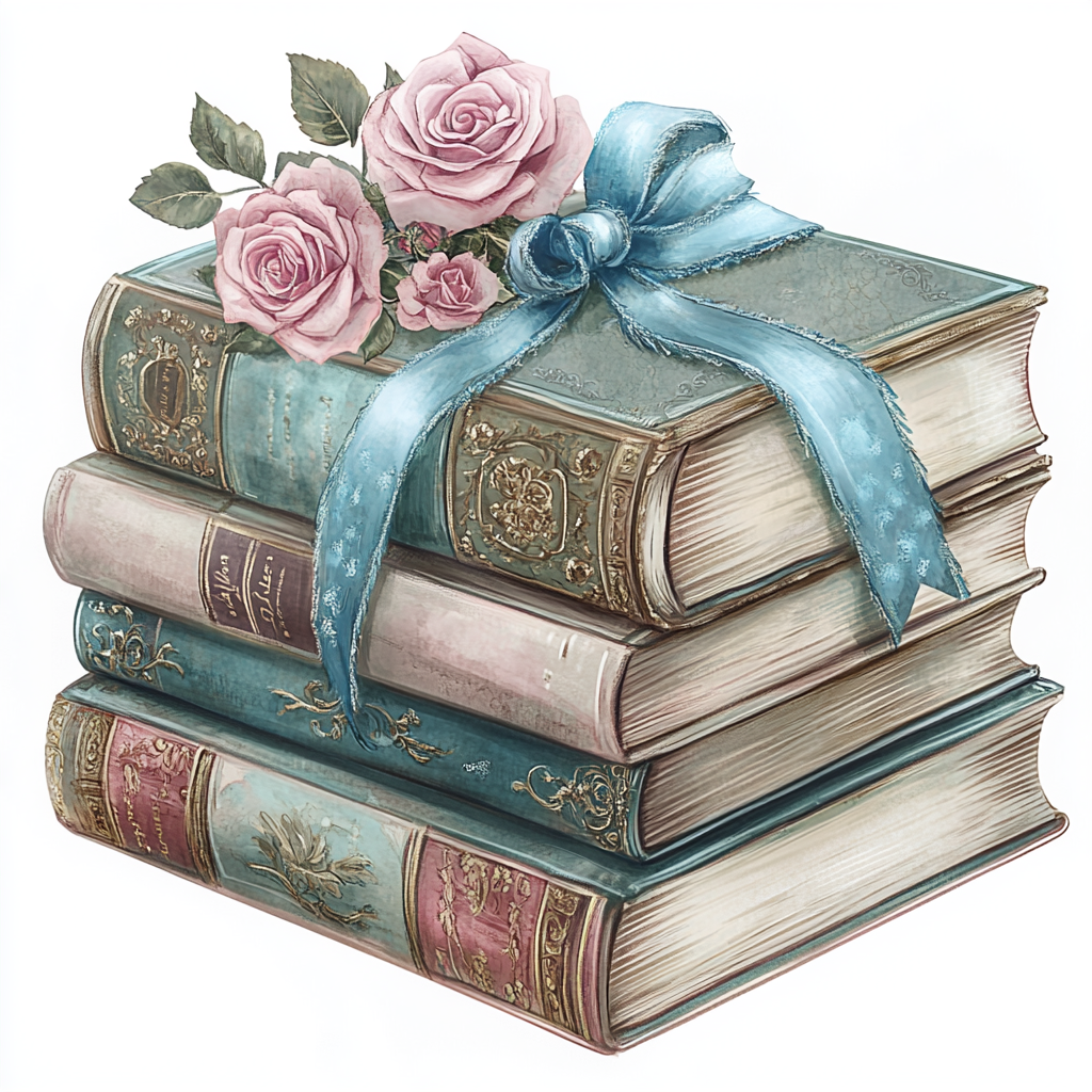 A stack of books with blue ribbon and roses.