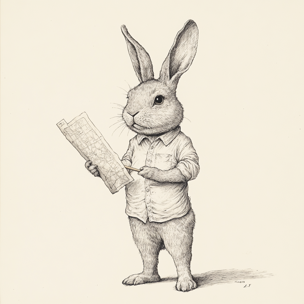 A standing bunny wearing a shirt holding a stick