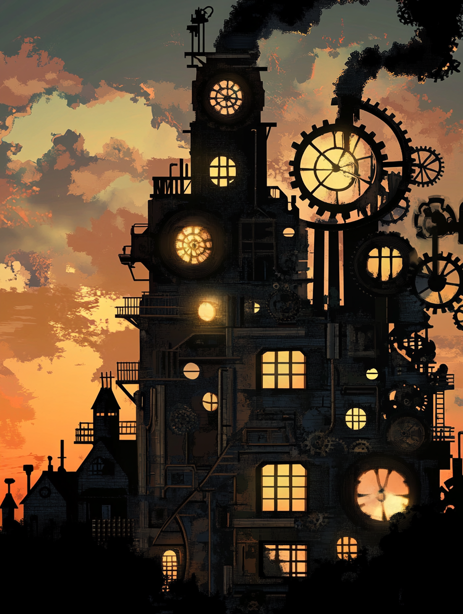 A steampunk building with gears and steam engine