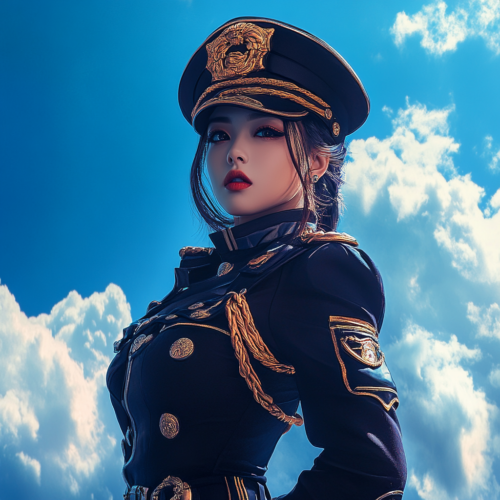 A steampunk female sailor in navy uniform poses