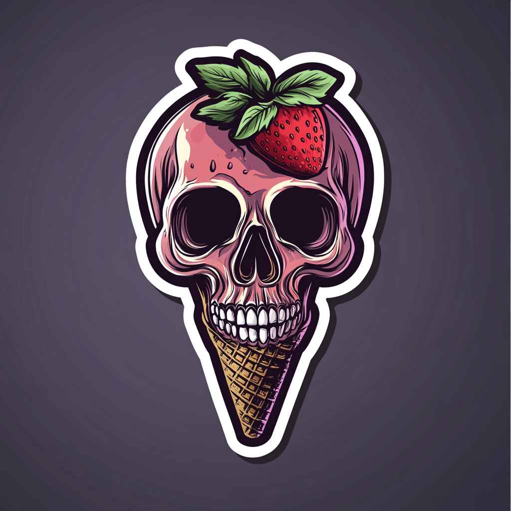 A strawberry skull ice cream in waffle cone.