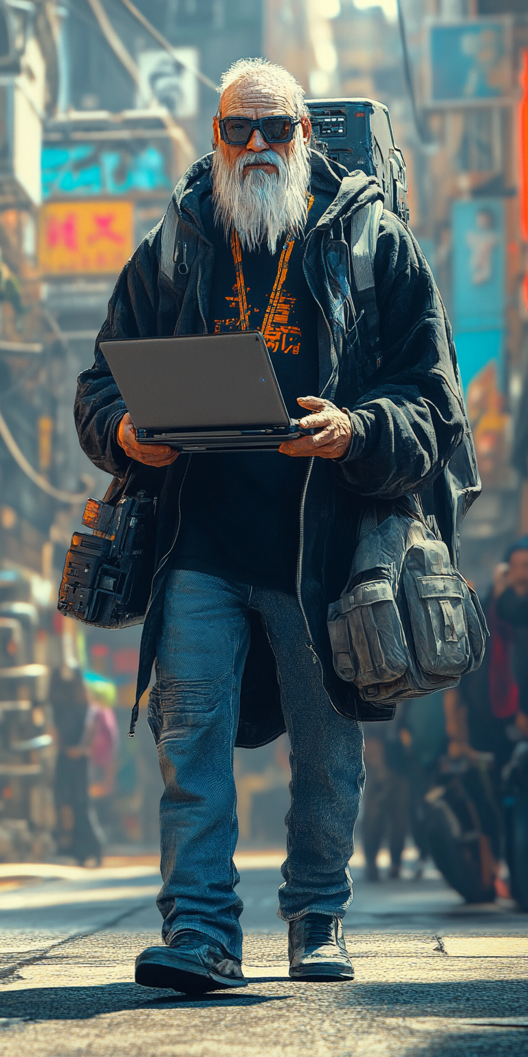 A street hacker with military laptop in futuristic city.