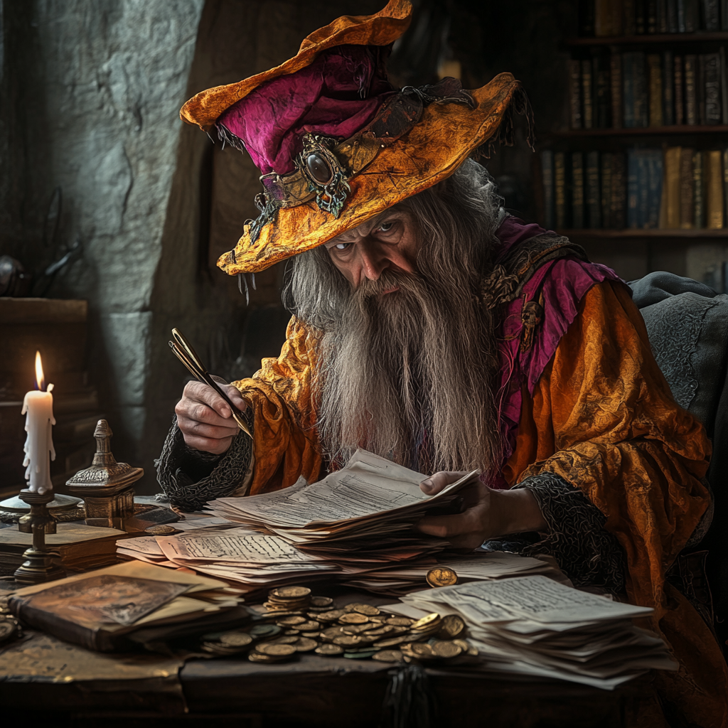 A stressed wizard in dusty room, sorting papers