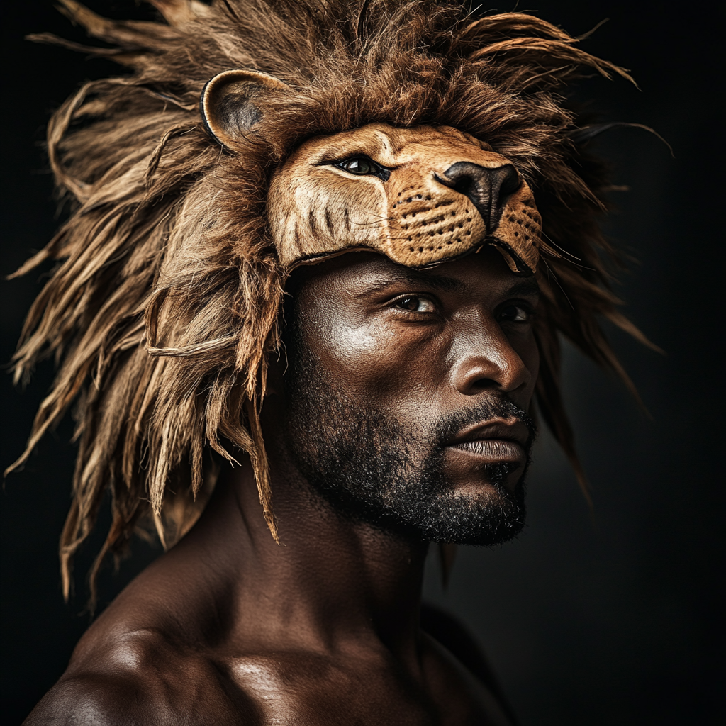 A strong African warrior with lion head dress