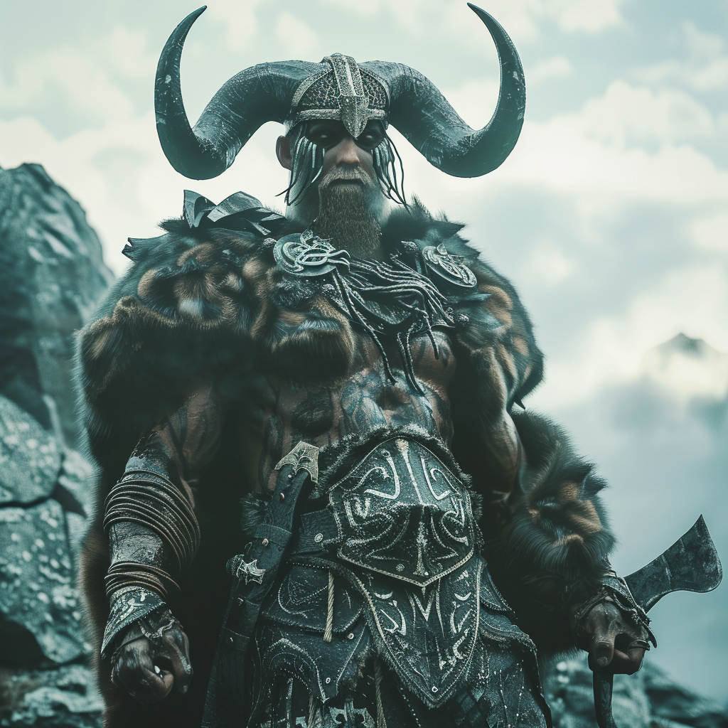 A strong Viking warrior with carabao horns, ultimate strength