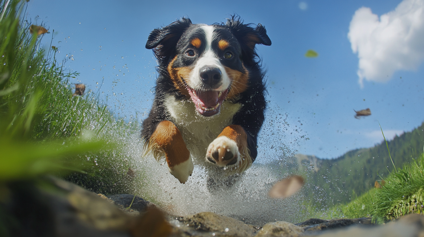 A strong bernese dog jumping rocks heroically.