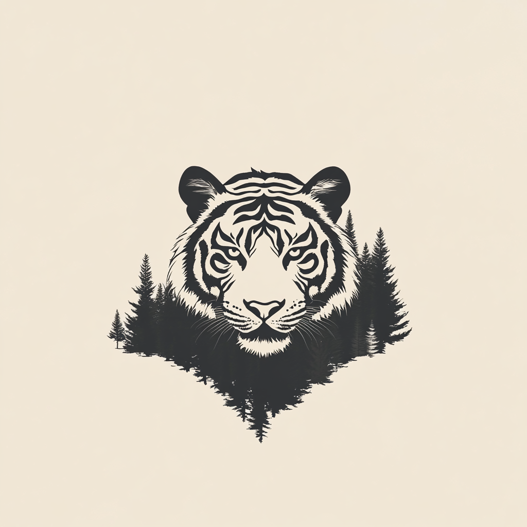 A strong tiger roars from forest in minimal design