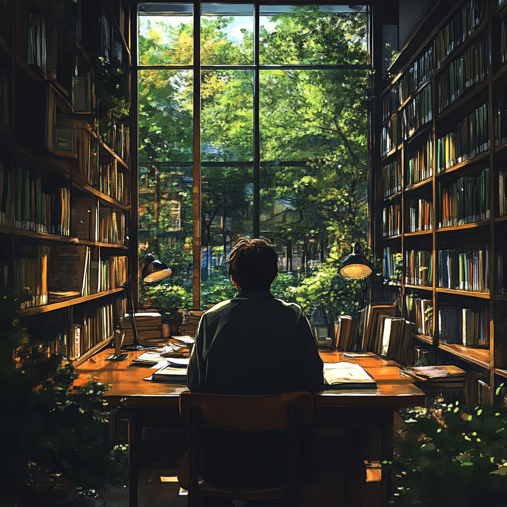 A student studying in library with sunset view.