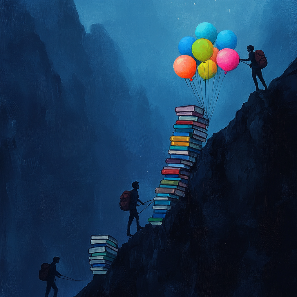 A student with balloons effortlessly climbs dark, steep mountain.