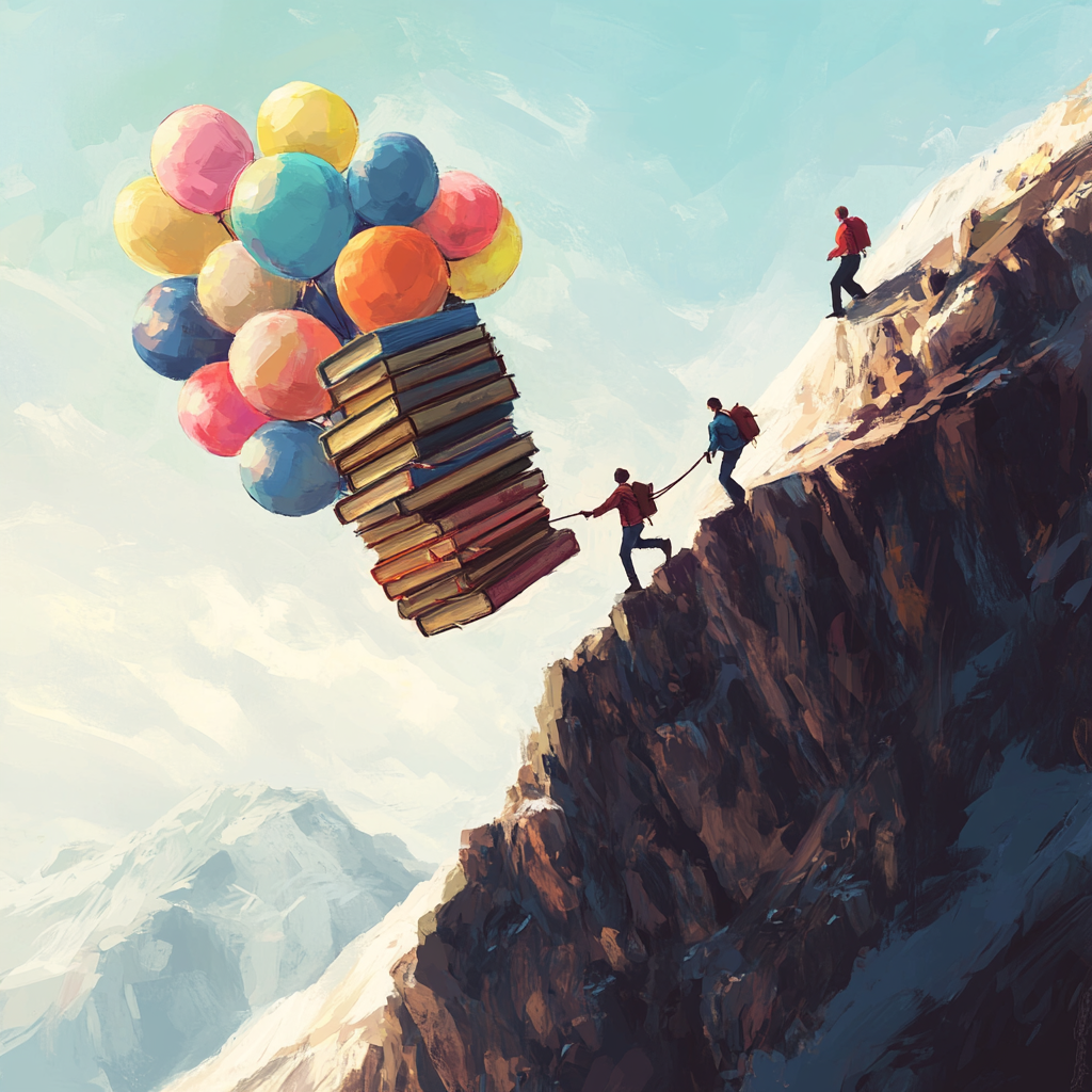 A student with balloons floats up the mountain.