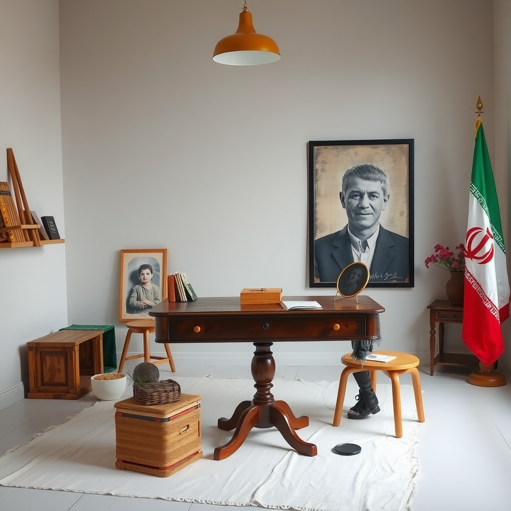 A studio with a table, a picture, and flags.