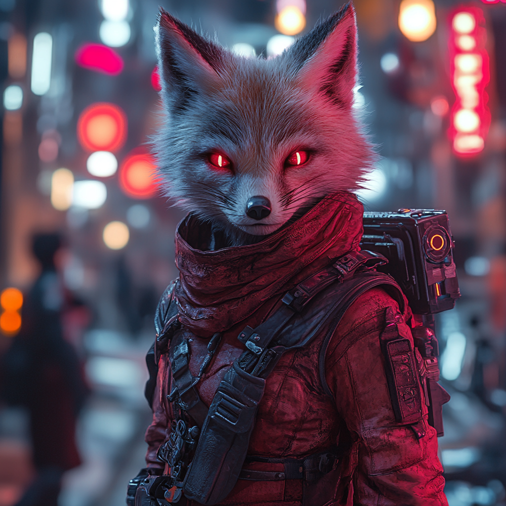 A stunning photo of a kitsune in neon city