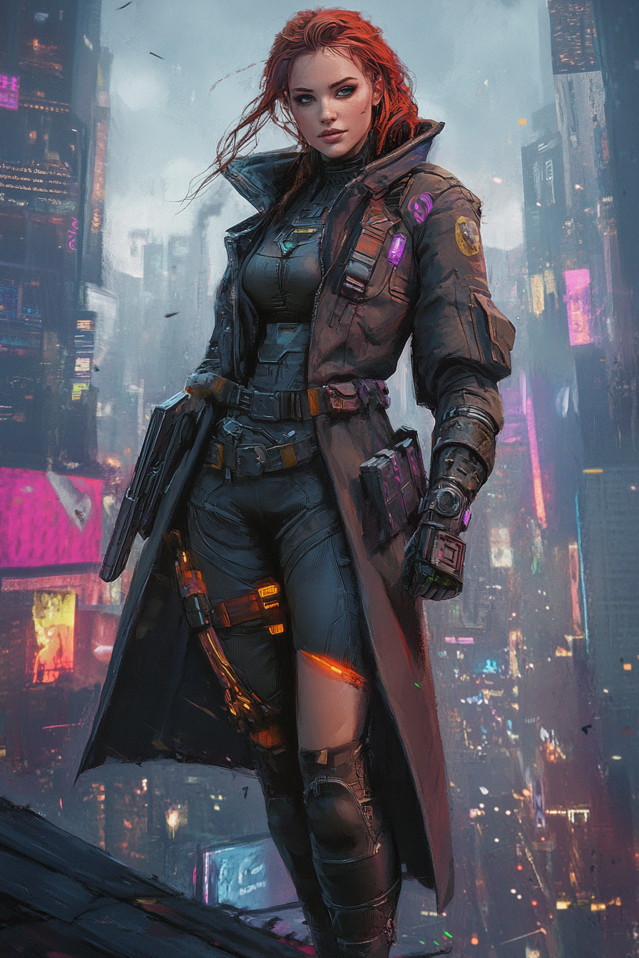 A stylish female cyberpunk decker in future city.