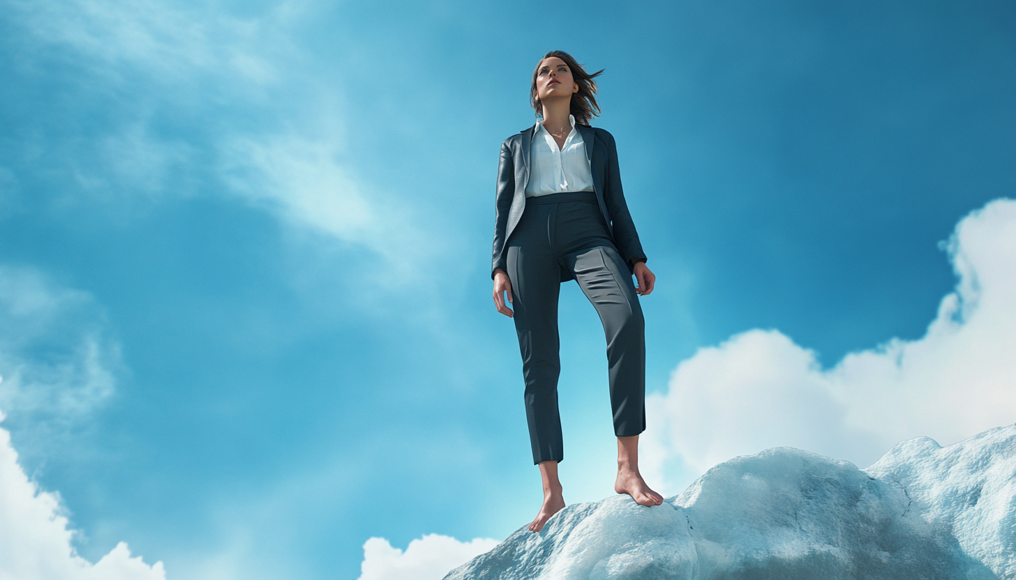 A stylish female lawyer standing on Mount Everest