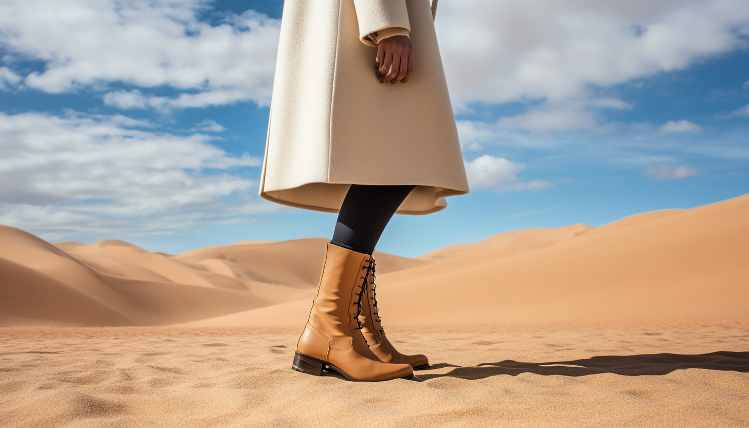 A stylish lawyer in wintercoat poses in desert