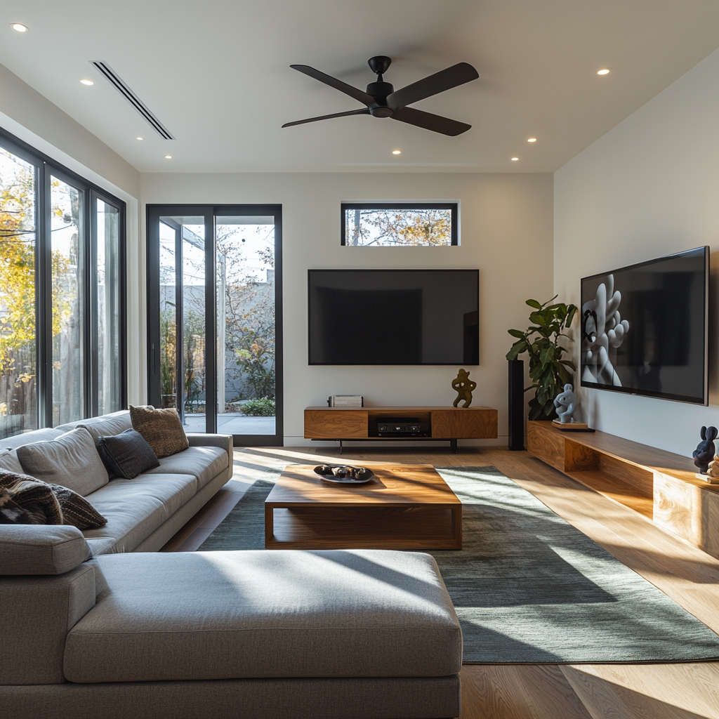 A stylish living room with high ceilings and art