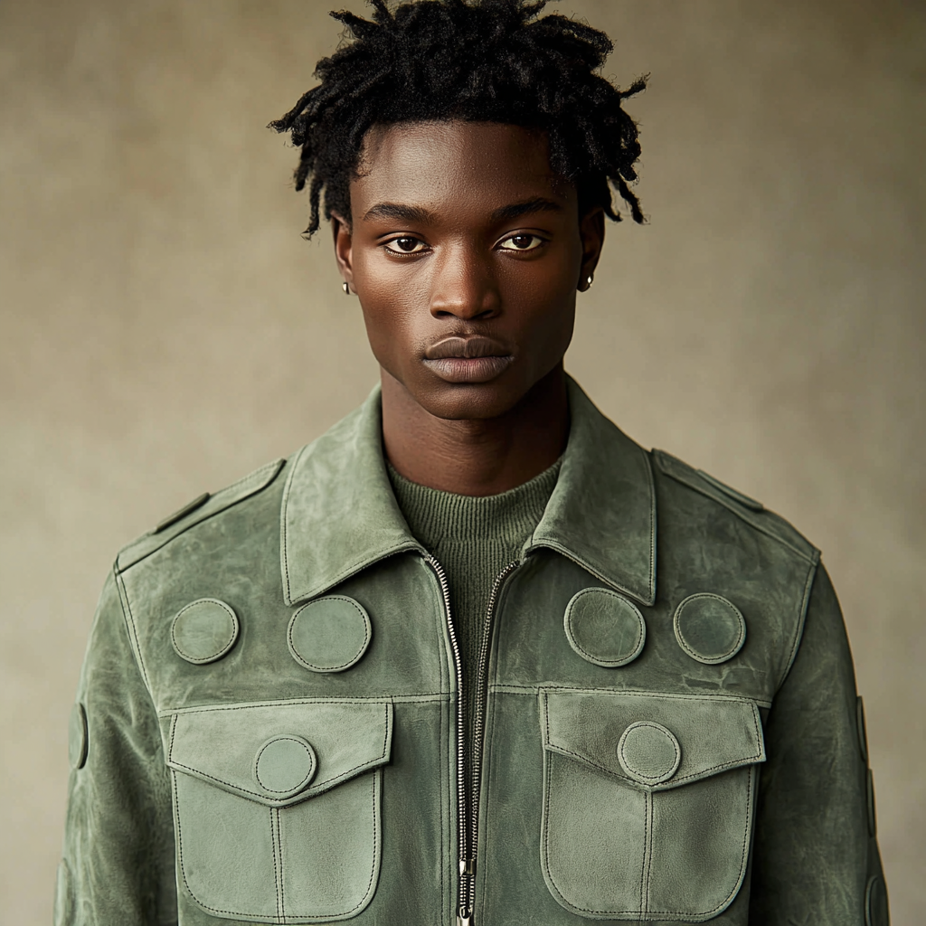 A stylish man in green suede jacket.