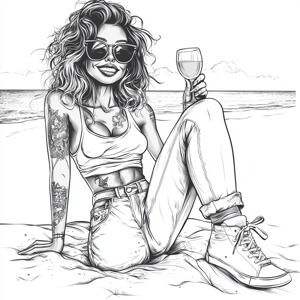 A stylish woman enjoying wine on sandy beach