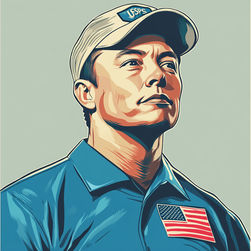 A stylized portrait of Elon Musk in USPS uniform