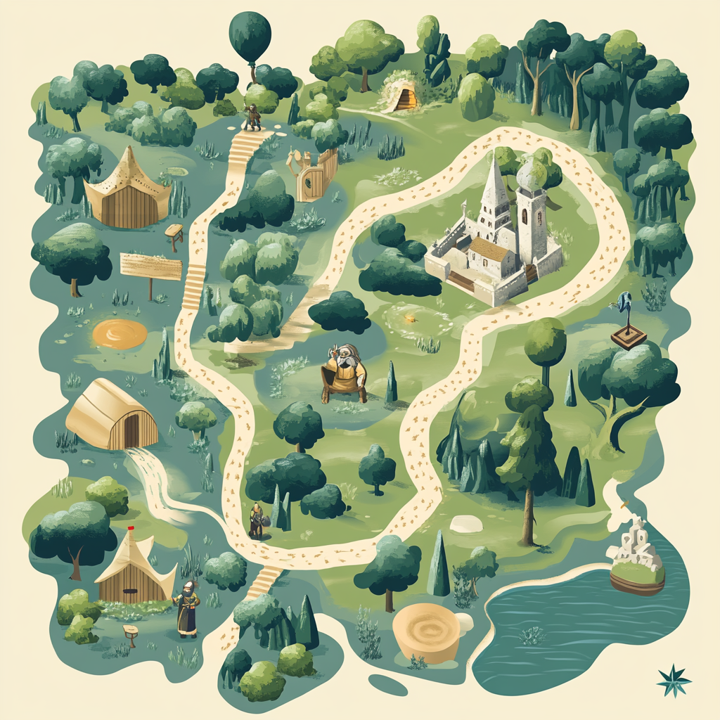 A stylized treasure map with forest, village, wise man