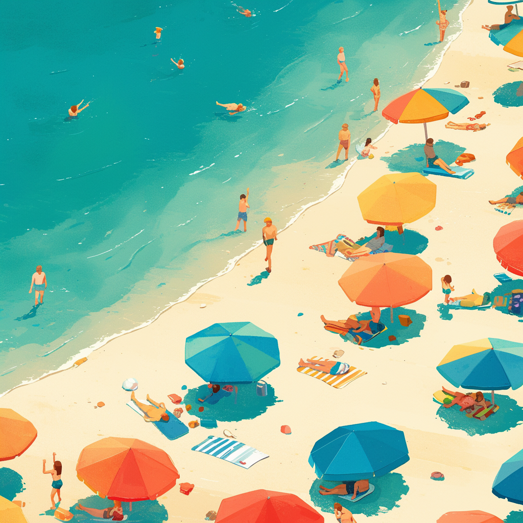 A sunny beach day with colorful umbrellas