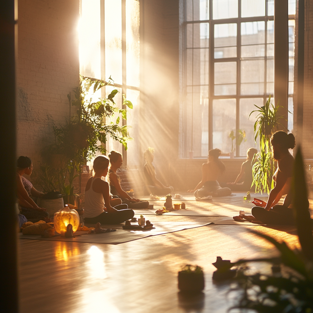 A sunny yoga studio with diverse, calm group.