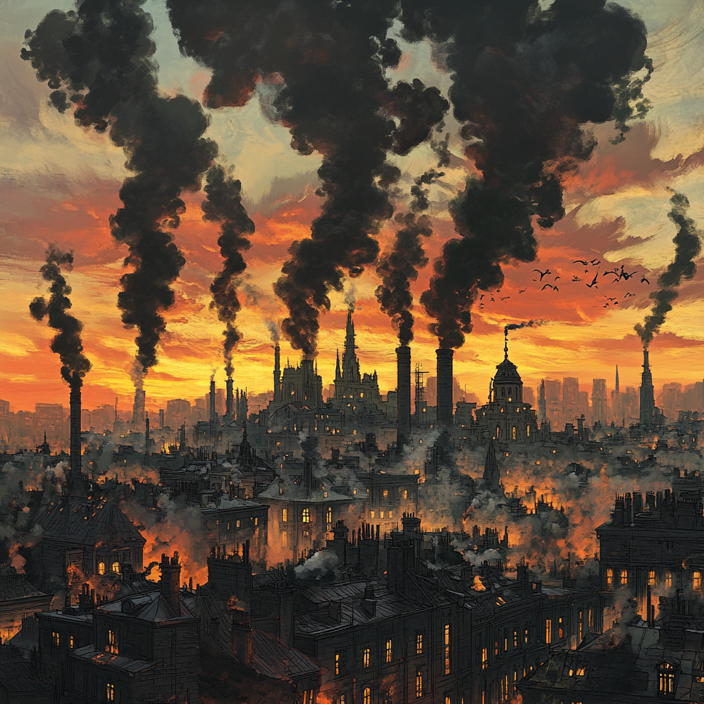 A sunset over city, tall towers, smoke trails.