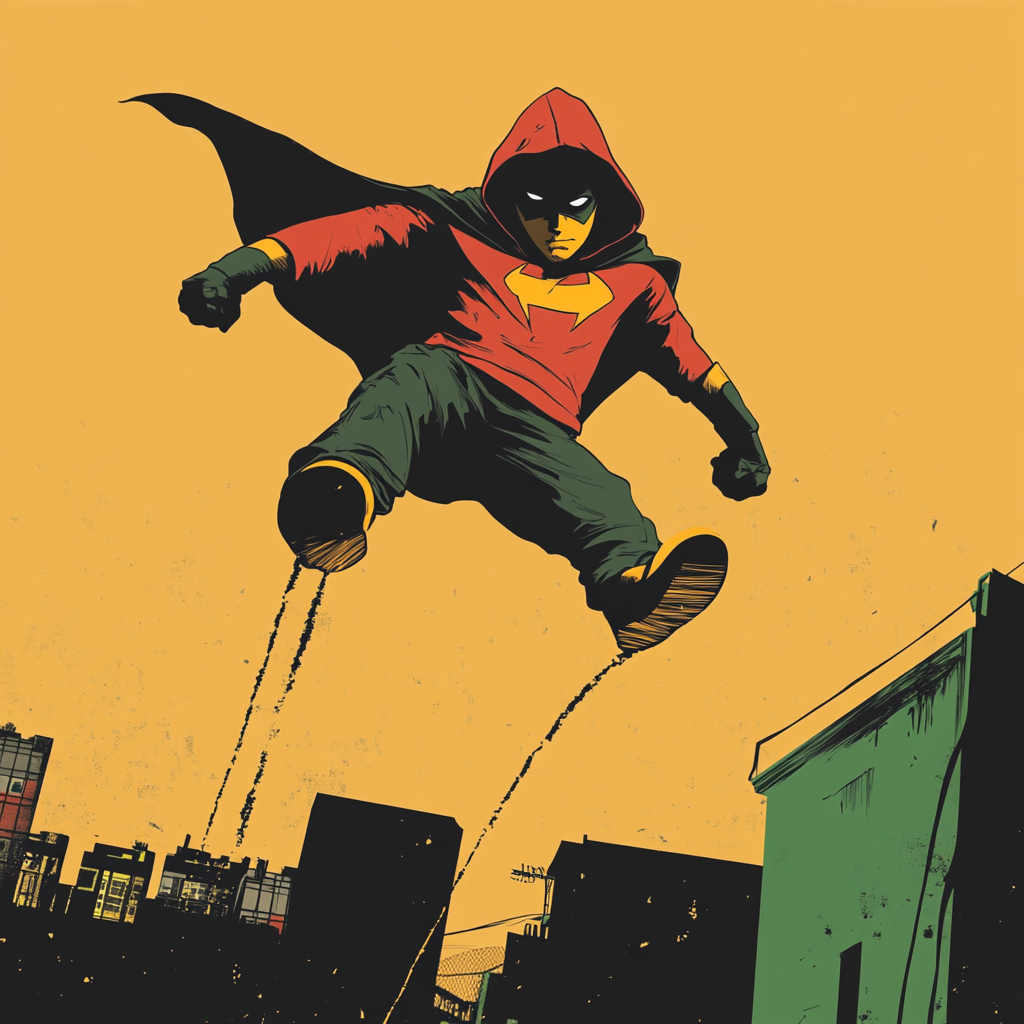 A superhero in hoody flies over ghetto