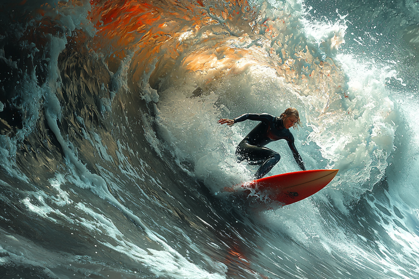 A surfer in black riding bright red wave.