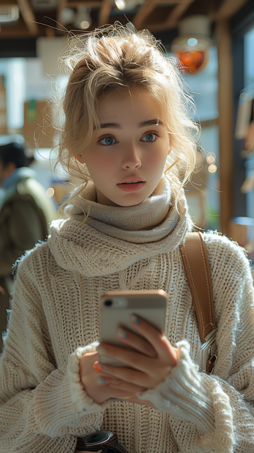 A surprised woman holding a smartphone in an office.