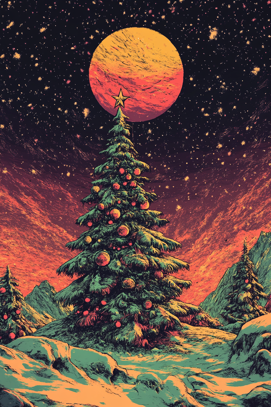 A surreal Christmas t-shirt with synthwave design.