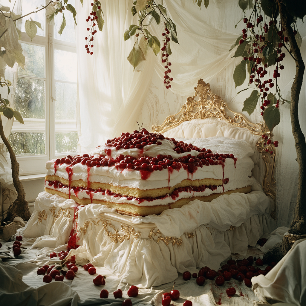 A surreal bedroom with elaborate cake-like bedspread.