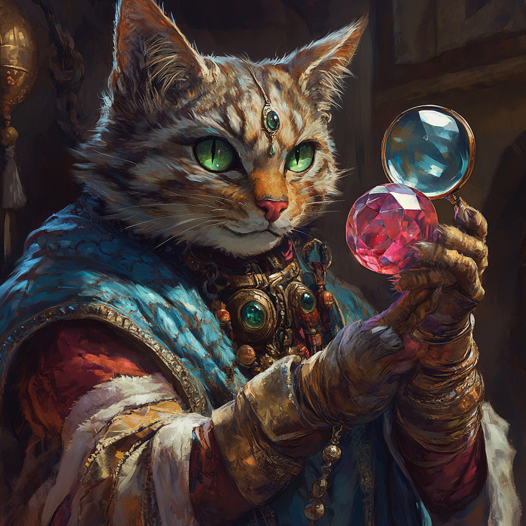 A tabaxi examining large ruby with magnifying glass.