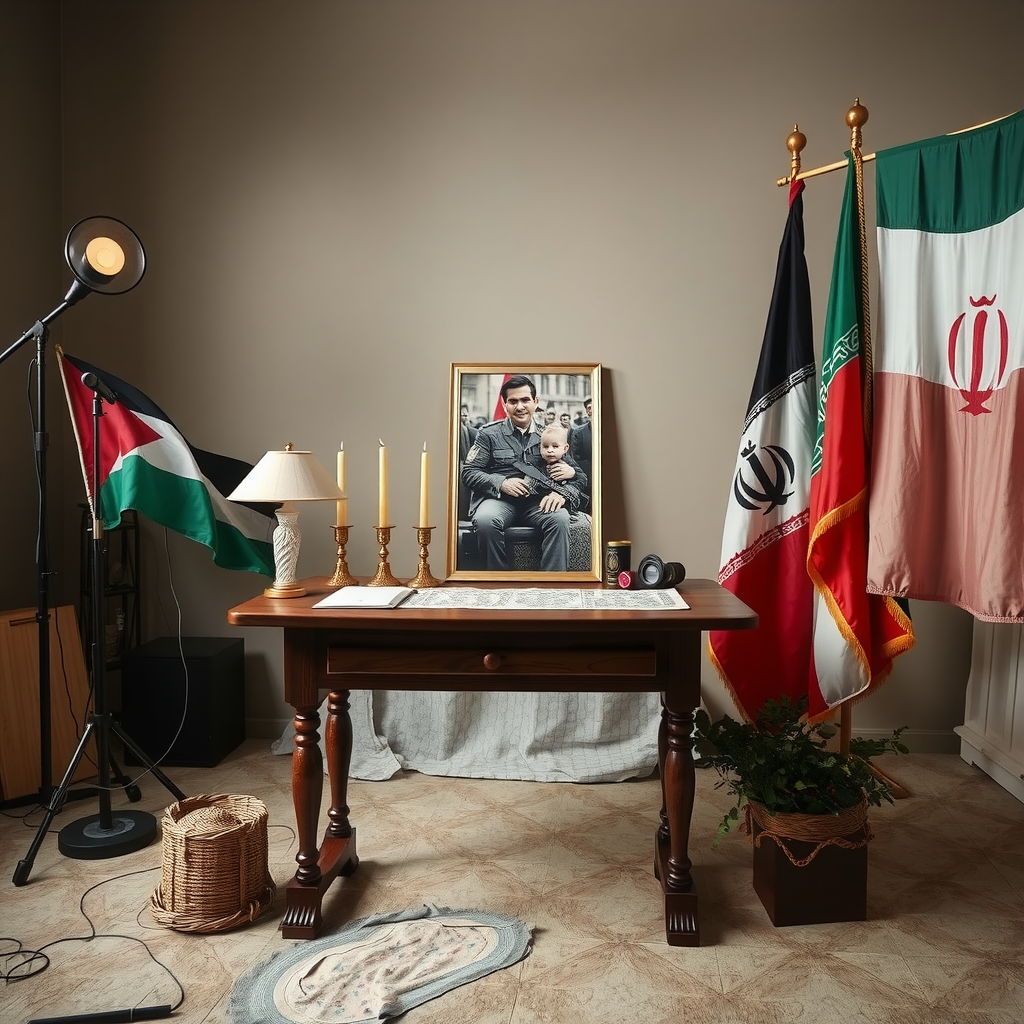 A table, a picture, a child, flags in studio.