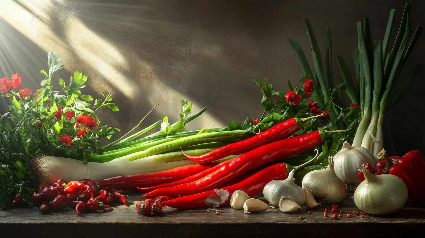 A table full of colorful vegetables under bright light