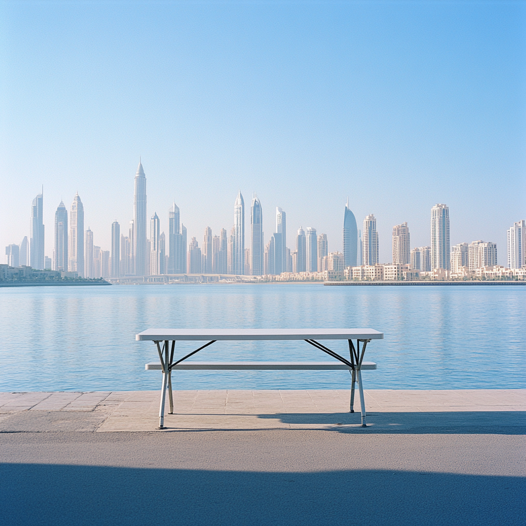 A table near Dubai's waterfront under sunlight