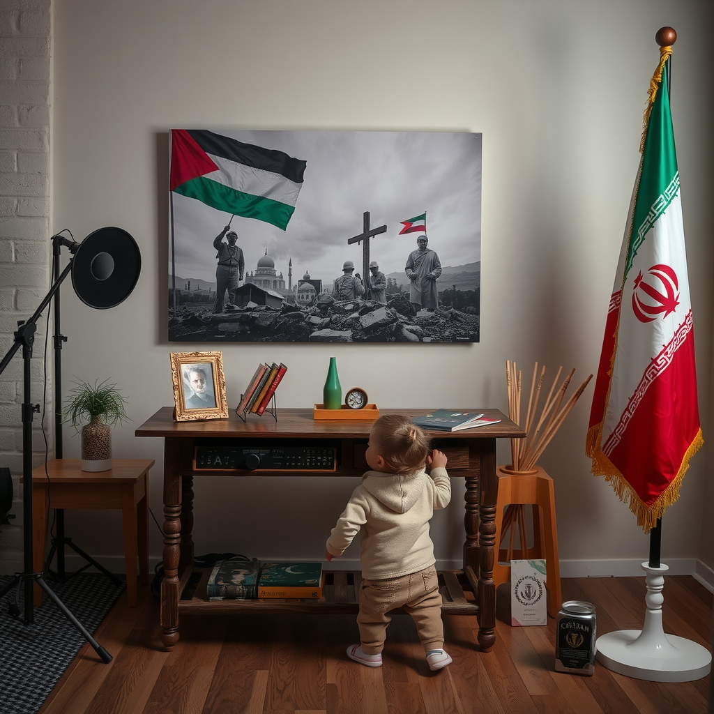 A table with a martyrdom picture and flags.