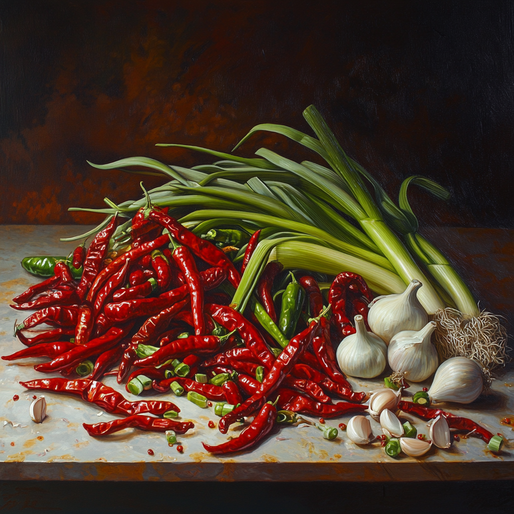 A table with colorful vegetables and bright light