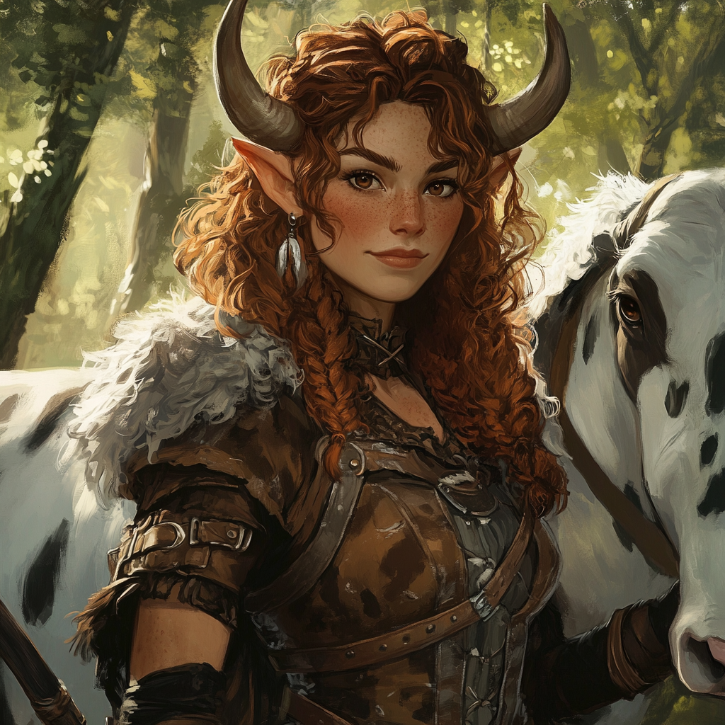 A tall, cow-like forest warrior in DnD style.