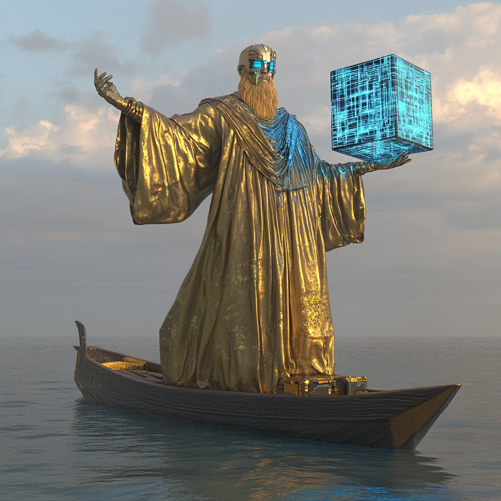 A tall, gold man in cyberpunk outfit floats.