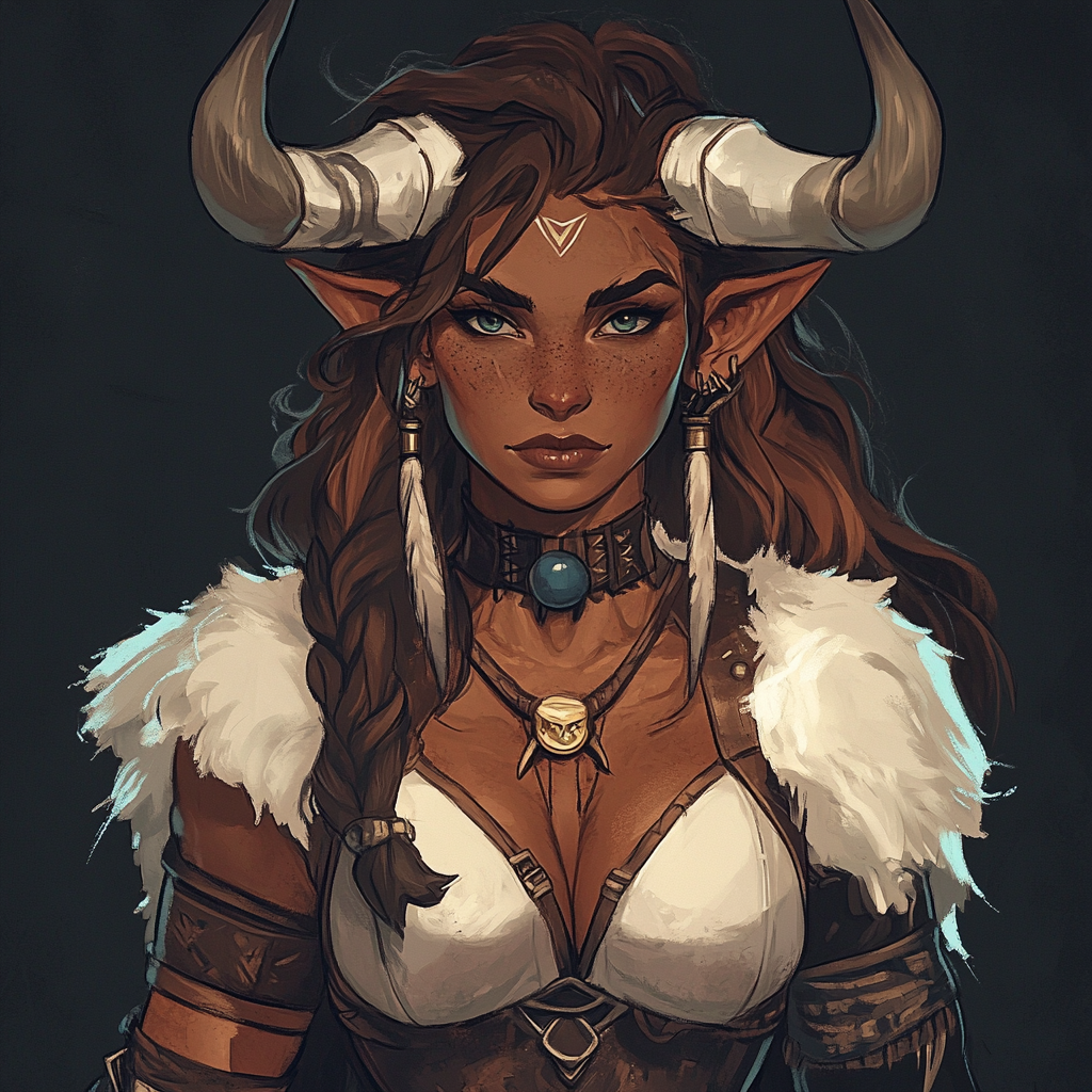 A tall, unique female barbarian with cow skin.