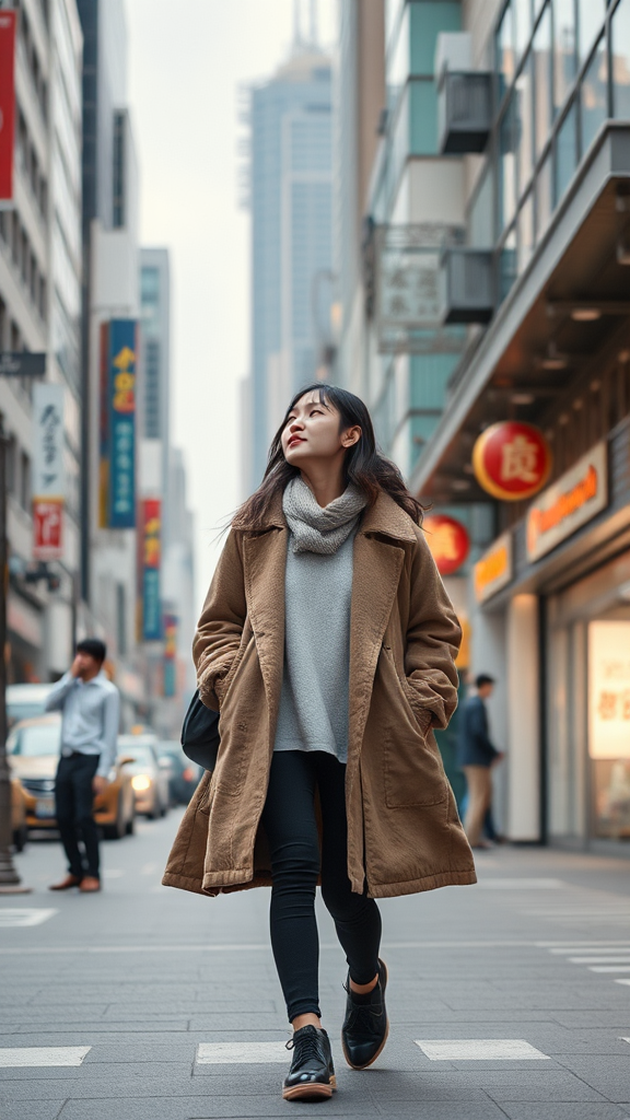 A tall Korean girl walking in the city.