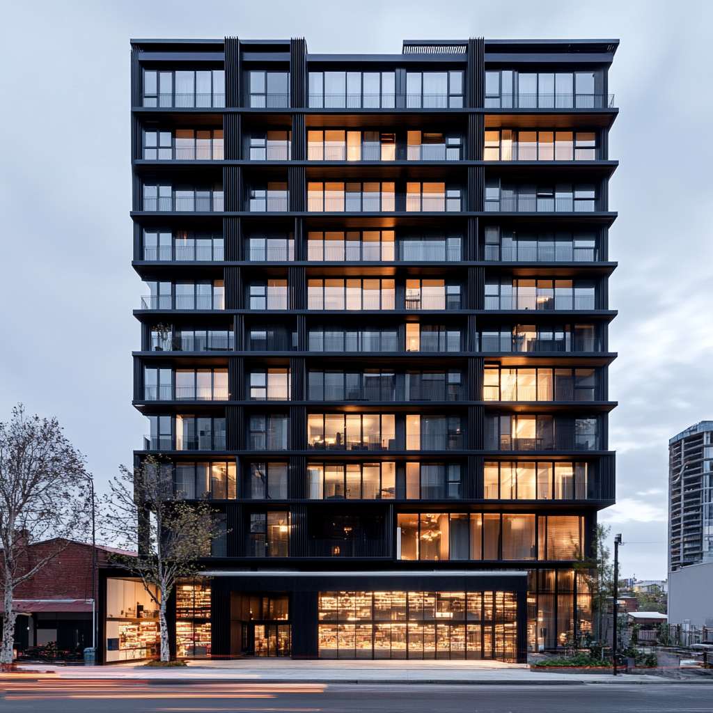 A tall building with penthouse, market, and apartments.