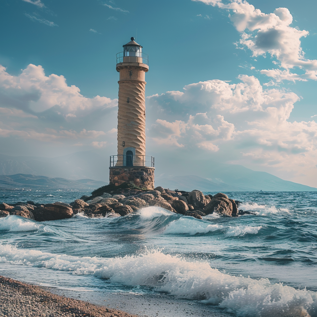 A tall lighthouse stands on rocky sea shore.