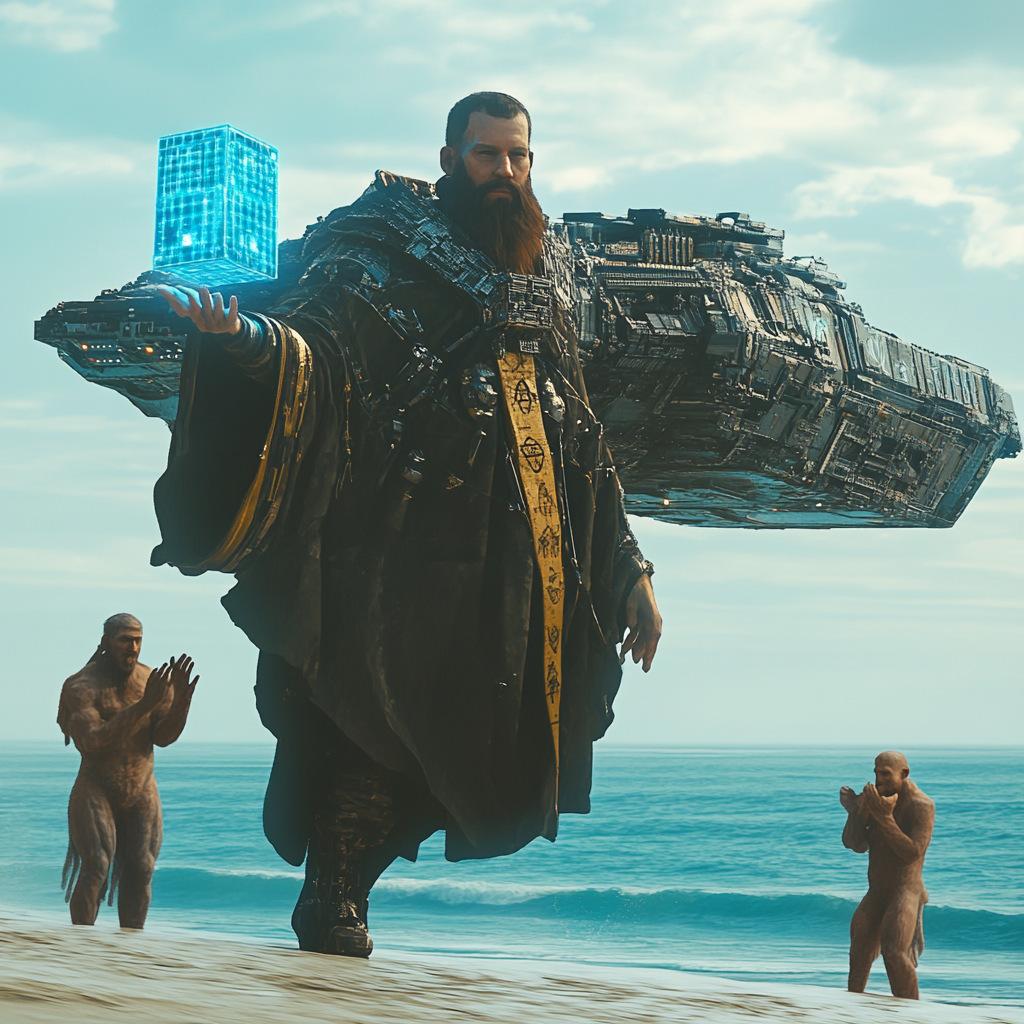 A tall man in futuristic robes rides ship.