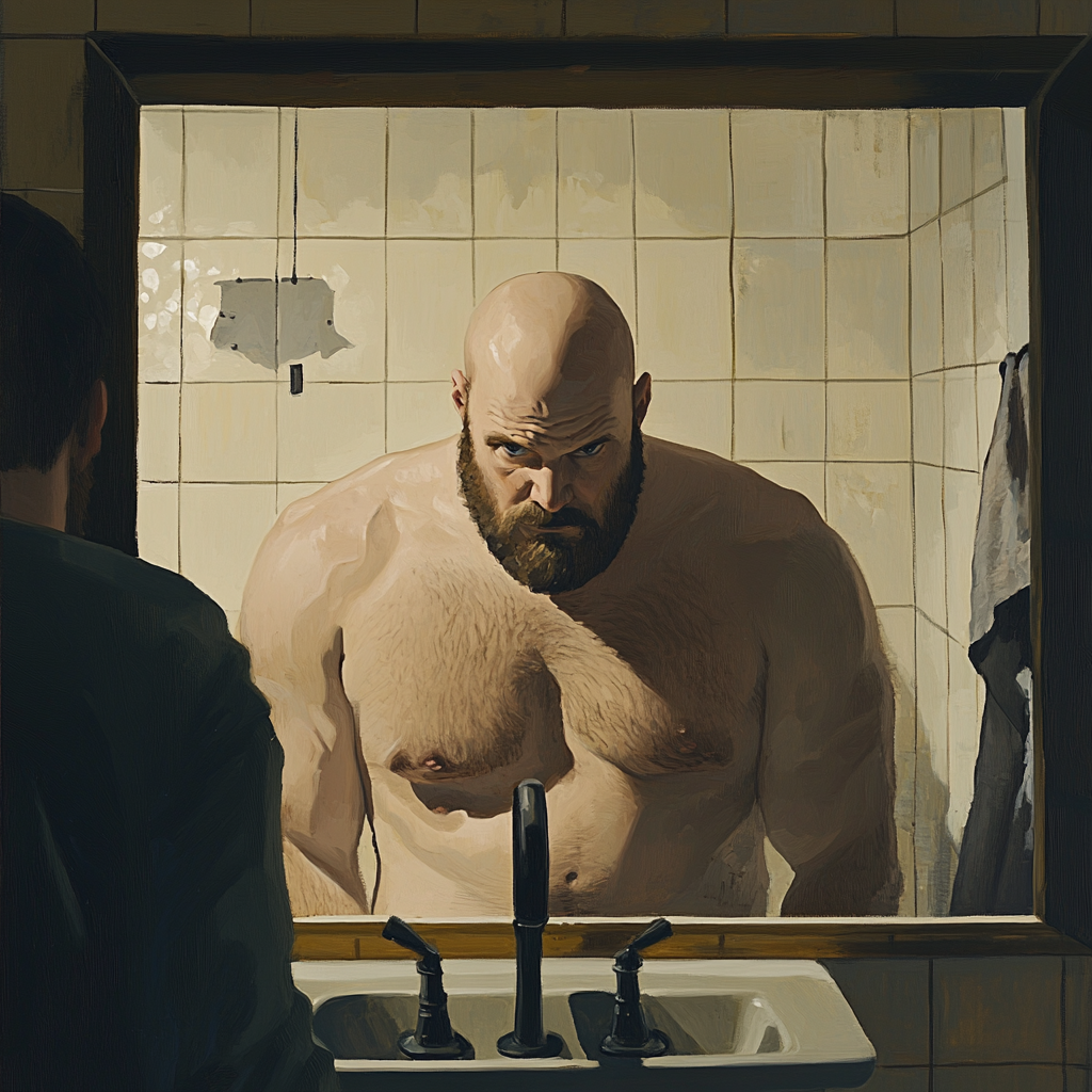 A tall man with broad shoulders looking into sink.