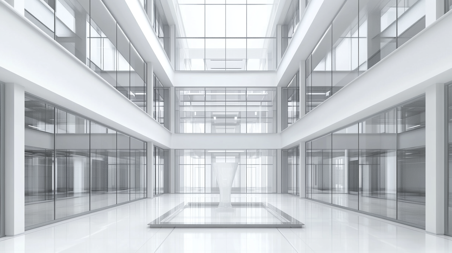 A tall white building with shiny lobby