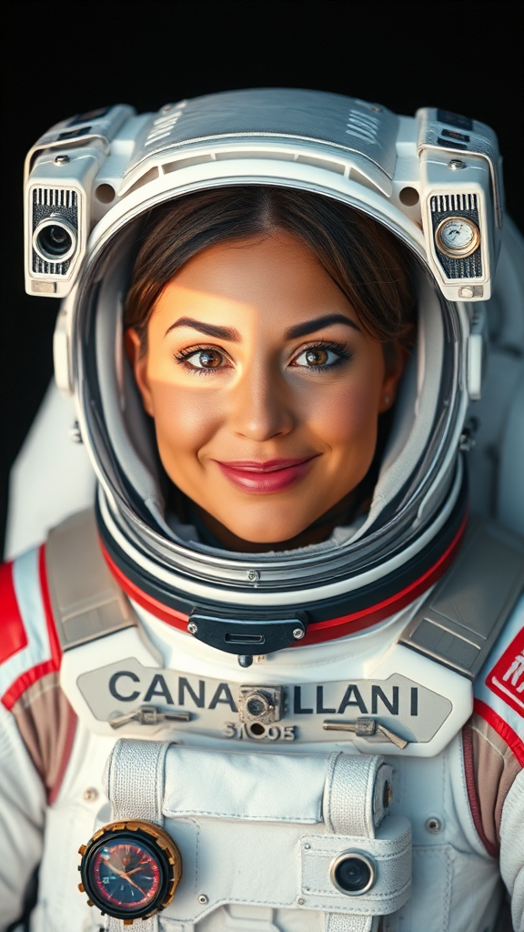 A tan Canadian astronaut in a curvy suit.