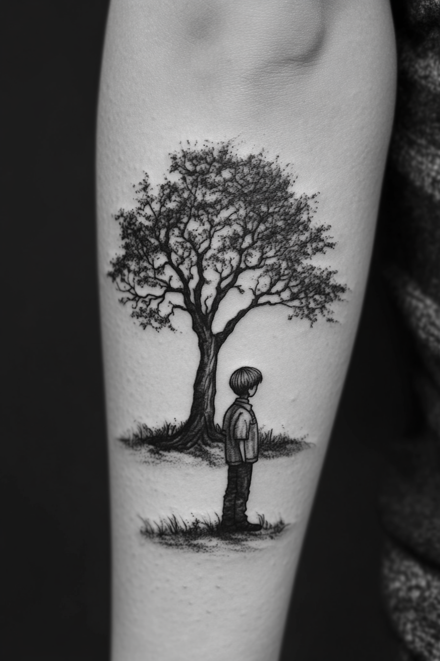 A tattoo design of a boy and tree.